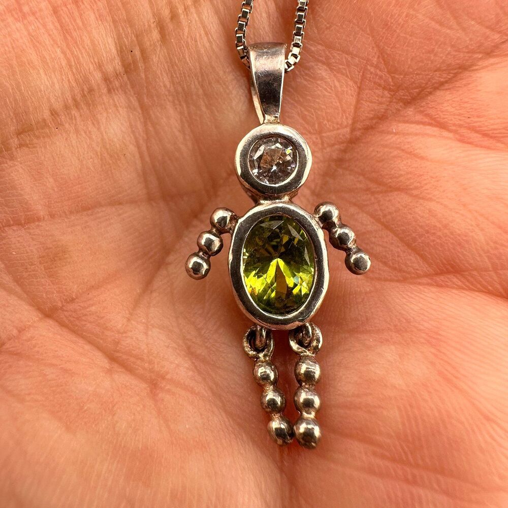 Vintage Sterling Silver 925 Charm Pendant Necklace Boy August Peridot Birthstone